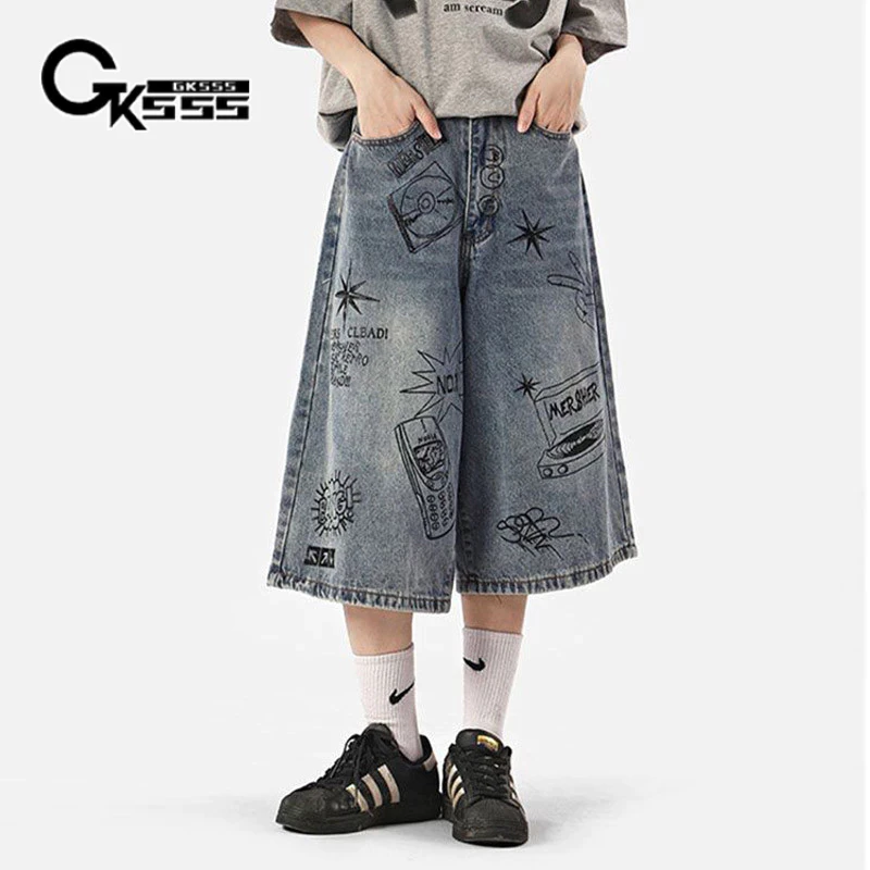 Gksss Nam Phố retro graffiti Nhật Bản Quần short denim dáng rộng giản dị thẳng ống rộng quần crop