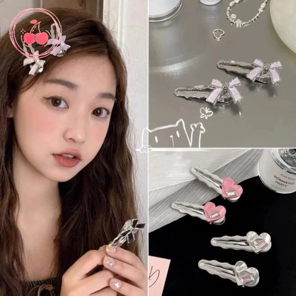 💞Cherry💞 Kẹp Tóc Kim Loại Hình Mỏ Vịt / Trái Tim Đính Đá Lớn Kiểu Hàn Quốc Ngọt Ngào Cho Nữ