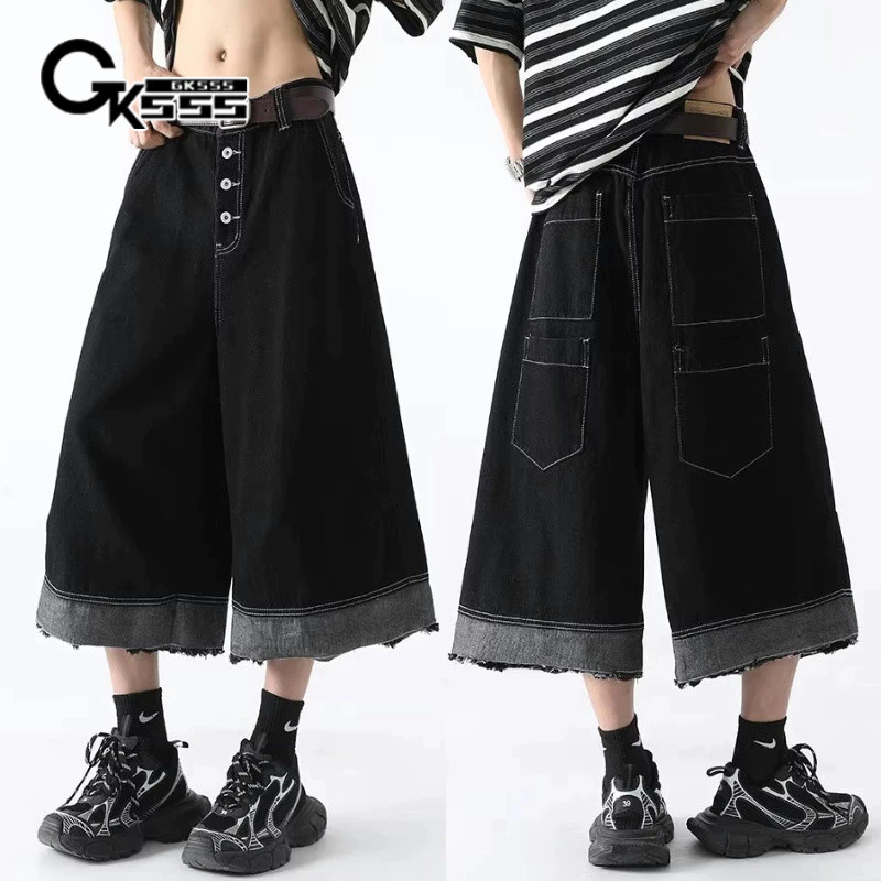 Gksss Quần short denim nam đường phố cao cấp Mỹ phong cách trung tính chất lượng cao phong cách rung cảm thiết kế viền thô