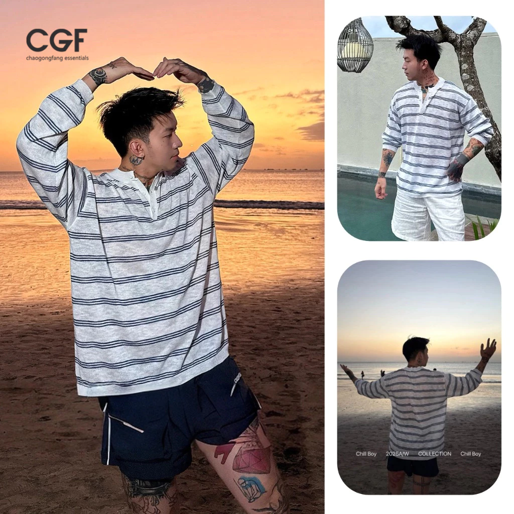 CGF Áo len dài tay sọc màu tương phản dáng rộng và nhàn rỗi nam phong cách Hàn Quốc