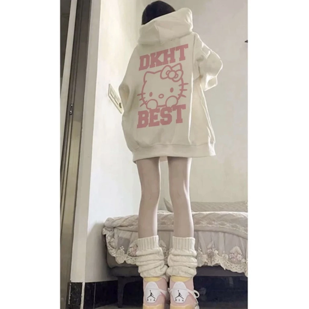 Áo hoodie Mỏng Tay Dài Dáng Rộng In Hình Hello Kitty Dễ Thương Cho Nữ 12.04