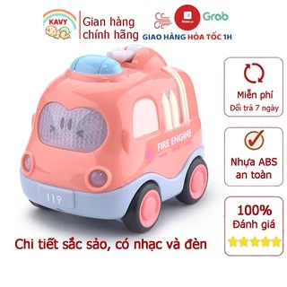 Đồ chơi xe cứu hỏa KAVY màu hồng có nhạc và đèn chạy bánh đà kèm sẵn pin