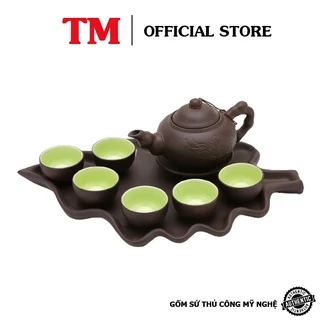 Bộ ấm chén pha uống trà tử sa Xưởng Gốm TM Bát Tràng khay lá 350ml ( bộ bình trà, bộ ấm trà)