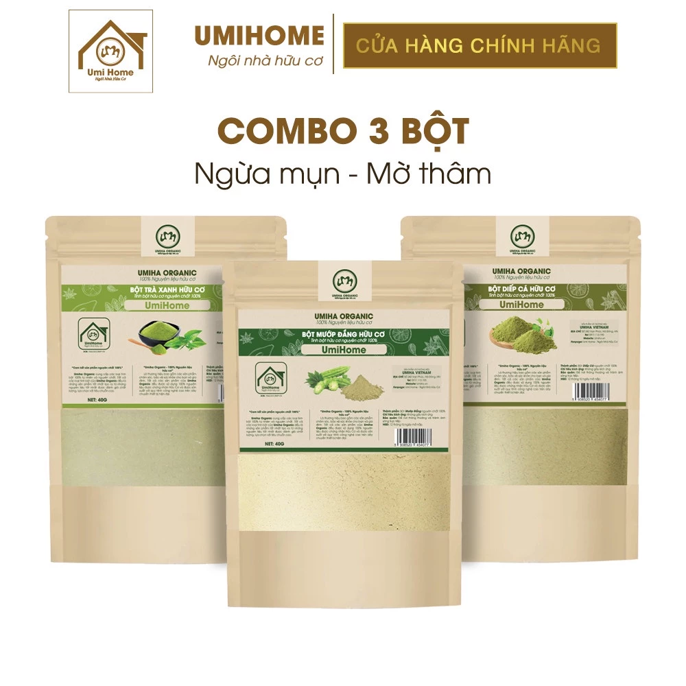 Combo 3 bột ngừa mụn và mờ thâm Umi Home gồm bột trà xanh, mướp đắng, diếp cá (40gx3)