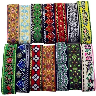 Dây Ruy Băng Vải Cotton Phối Ren Thêu Họa Tiết Thổ Cẩm Làm Đồ Thủ Công Rộng 3.3cm 5Yards