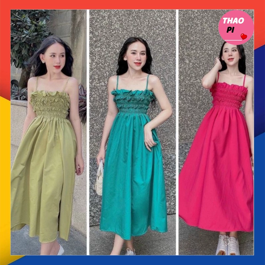 Đầm maxi 2 dây nhún ngực cột dây nơ lưng đi chơi đi hẹn hò đi biển Ulzzang hình thật và video - M15