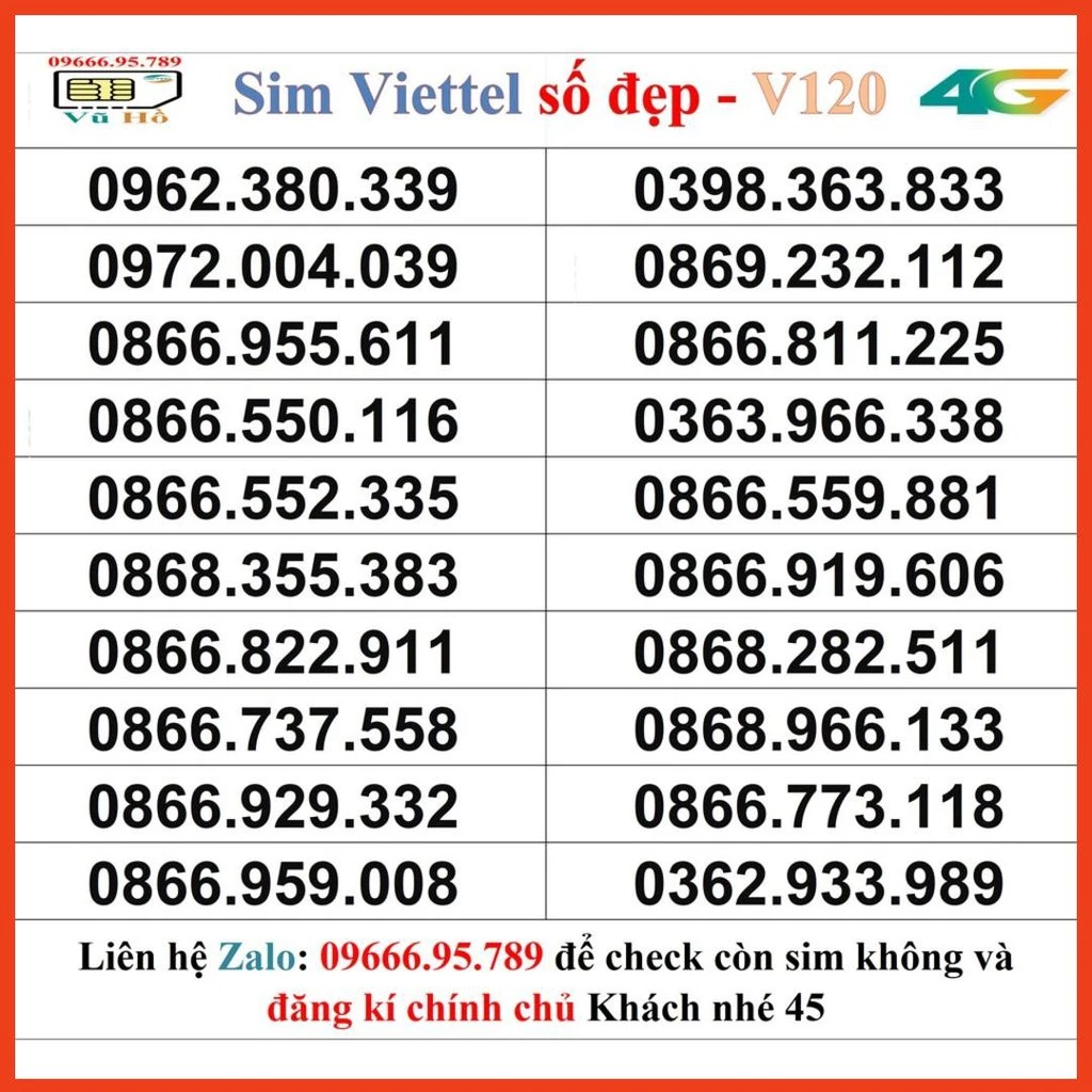 Sim Viettel V120 đầu 09 số đẹp giá rẻ 45 [HOT]