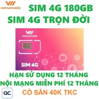 Sim 4G 180GB vietnamobile tặng ngay 40K trong tài khoản