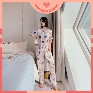 Pijama Nữ - Bộ Ngủ Cộc Dài Vải Lụa Cao Cấp Màu Hồng Nhạt Họa Tiết Lá CDLP07