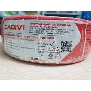 Dây cáp điện Cadivi CV 2.5 (cuộn 100m, dây đơn)