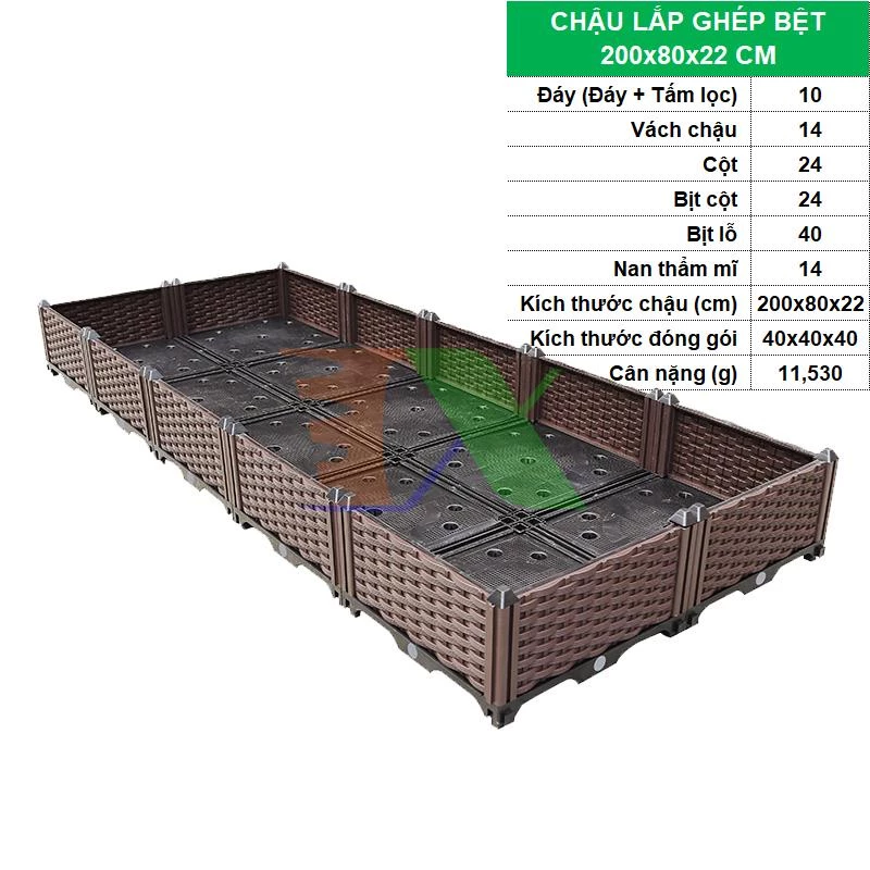 Chậu lắp ghép CLG-40, Chậu lắp ráp trồng Rau Hoa, Chậu thông minh (Bệt kích thước 200 x 80 x 22 cm)