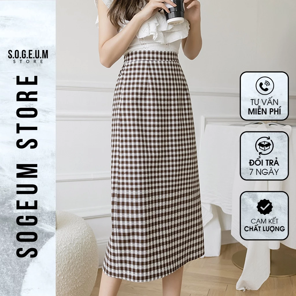 Chân váy kẻ caro Midi cạp cao, chân váy chữ A dài xẻ tà phía sau sogeum.store