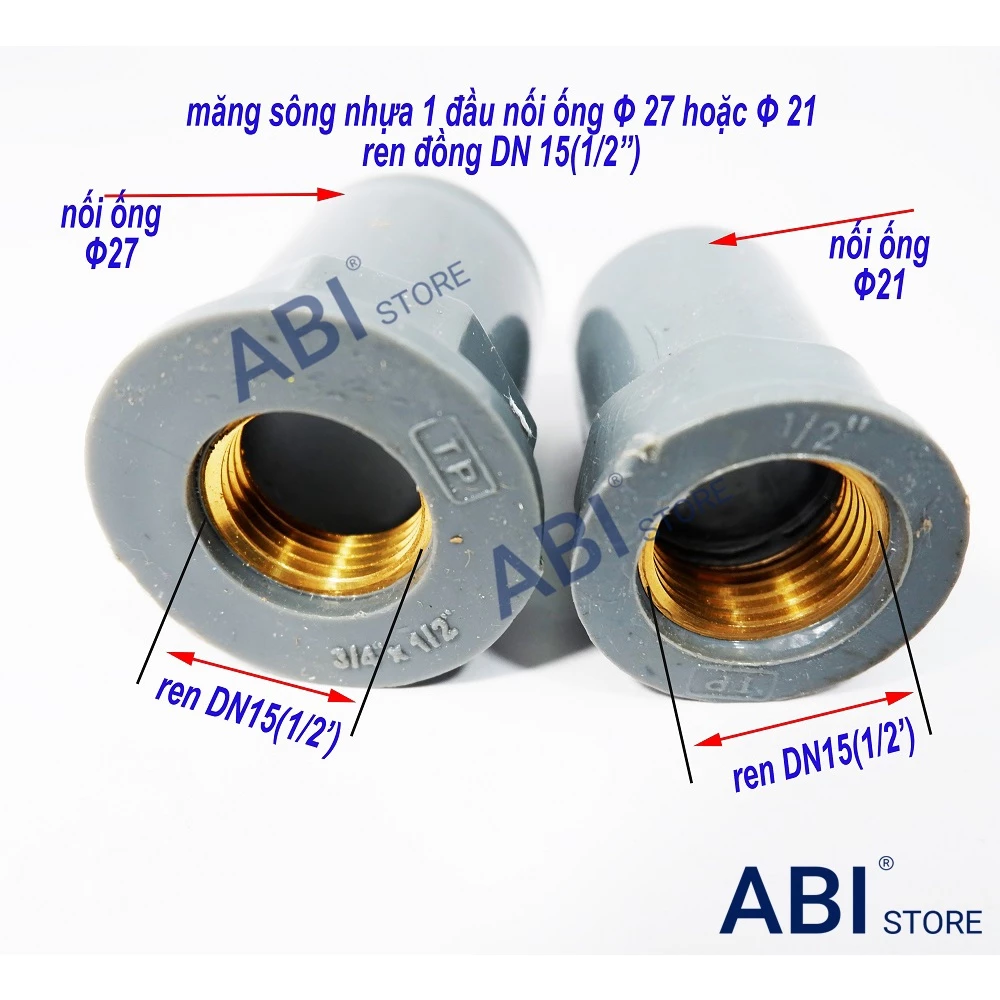 Combo 3 Măng sông ren trong đồng 21 và 27-21( nối thẳng nhựa ren đồng, nối nhựa răng trong)