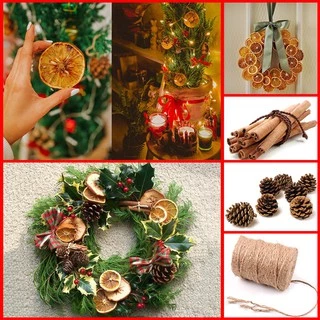 Quả thông, lát Cam sấy, vỏ Quế, bó củi khô, trái châu trang trí cây thông Noel, bánh kem.