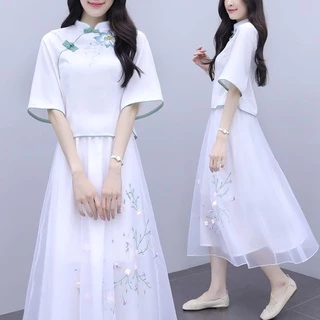 Bộ Áo Sườn Xám Cách Tân + Chân Váy Thêu Họa Tiết Phong Cách Trung Hoa Thời Trang Mùa Hè 2022 Mới