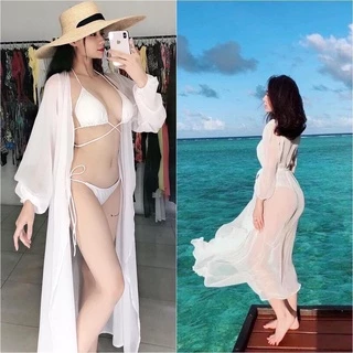 Áo Khoác Voan Kimono Đi Biển Áo Choàng Bikini Dáng Dài Tay Kiểu [Ảnh Thật] - TK009