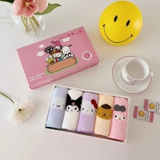 Set 5 Khăn Lau Mặt Bằng Vải Lông Cừu San Hô Họa Tiết Hoạt Hình Cinnamoroll My Melody Kuromi Linabell Sanrio Đáng Yêu