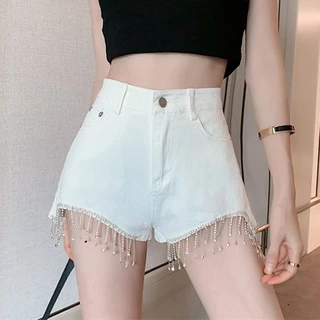 Quần Short Denim Lưng Cao Dáng Ôm Màu Đen Đính Đá Thiết Kế Rách Thời Trang Quyến Rũ Cho Nữ