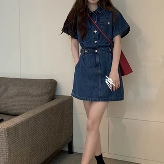 Đầm Denim Tay Ngắn Dáng Chữ A Thời Trang Mùa Hè Phong Cách Retro Cho Nữ