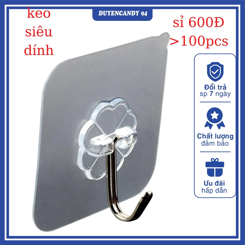 [sỉ 550Đ] Combo 10 Móc Dán Tường - móc dán chịu lực trong suốt kích thước 6x6cm