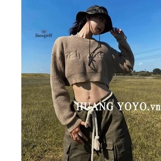 HUANG YOYO Áo Thun Nữ Dài Tay Cổ Tròn Thời Trang Hàn CropTop