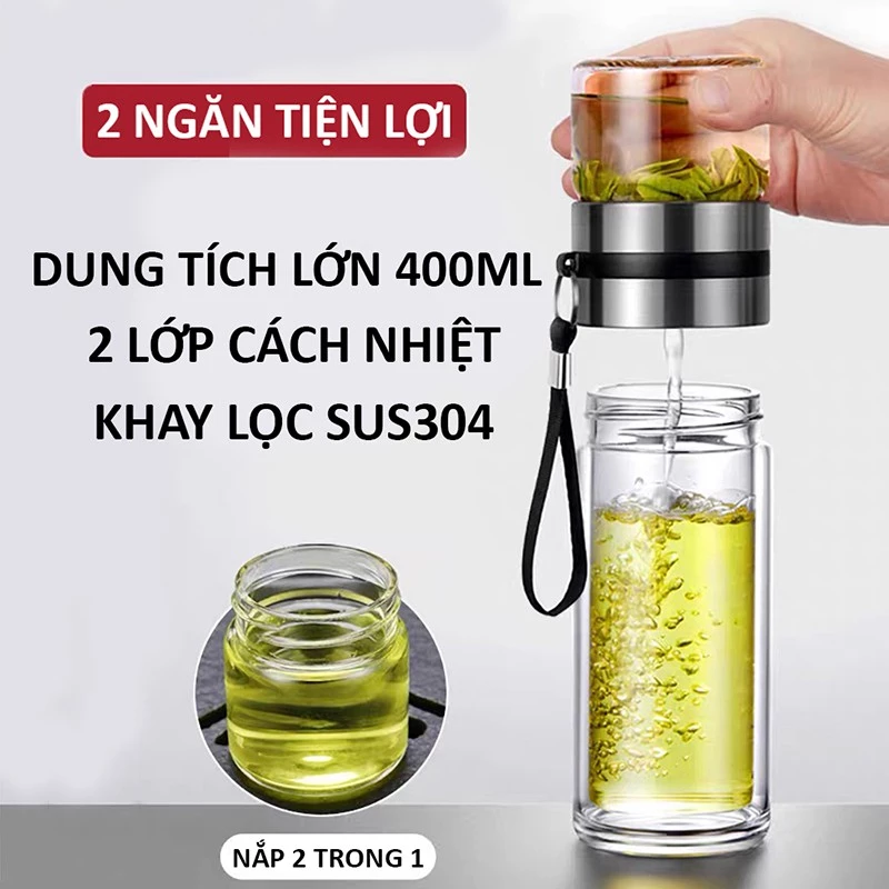 Bình pha trà giữ nhiệt 400ml bằng thủy tinh 2 lớp dày dặn có lưới lọc trà, quai xách tiện lợi