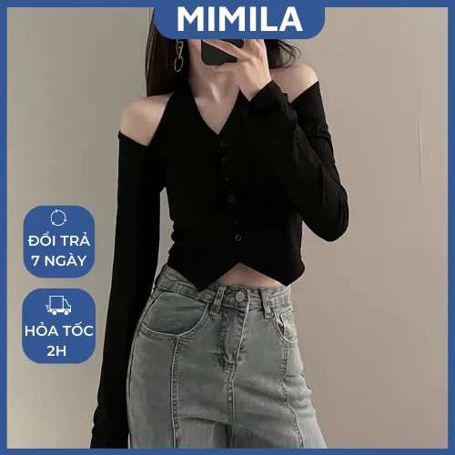 [CÓ SIZE] Áo Croptop Dài Tay MIMILA Áo Thun Cổ Yếm Khoét Vai Phối Cúc Sang Chảnh Thời Trang Cho Nữ - MA071