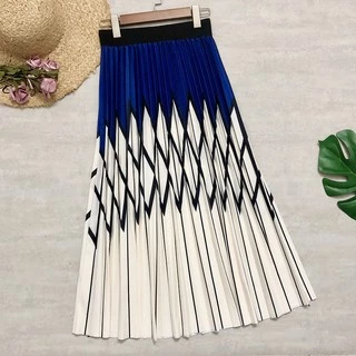 Nữ Váy Dài Hình Thoi In Kẻ Sọc Chắp Vá Sọc Cotton Midi Váy Thời Trang Xếp Ly Váy