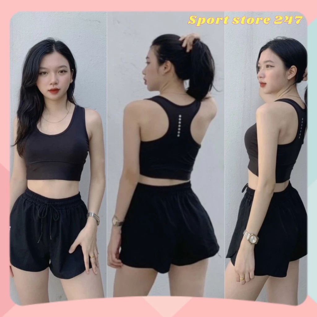 Bộ bra tập gym yoga earobic cổ tim bo xiết eo kết hợp quần đùi 2 lớp cho nữ