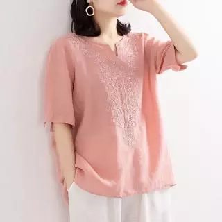 Phiên Bản Rộng Size Lớn 3XL Cotton Nguyên Chất Cổ Chữ v Cotton Áo Sơ Mi Nữ Văn Học Rời Áo Chui Đầu Thêu Nửa Tay Áo Thun Nữ Thêu