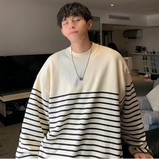 Áo Sweater Dáng Rộng Cổ Tròn Kẻ Sọc Màu Tương Phản Thời Trang Cho Nam Giới Có Size Lớn 8XL