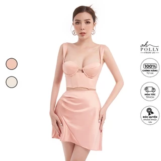 Oh Polly - Set áo croptop corset cúp ngực và váy nữ đầm dáng xòe lụa satin, set đồ nữ sang chảnh