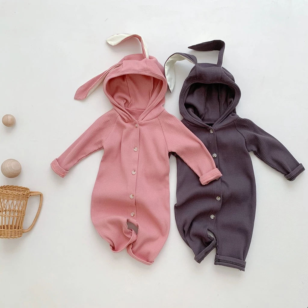 Bộ Áo Liền Quần Cotton Tay Dài Cài Khuy In Hình Tai Thỏ Dễ Thương Cho Bé Gái