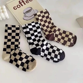 Set 2 Đôi Tất Cotton Kẻ Sọc Caro Trắng Đen Thời Trang Cho Nữ