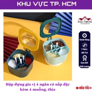 Hộp đựng gia vị 4 ngăn có nắp đậy kèm 4 muỗng, thìa