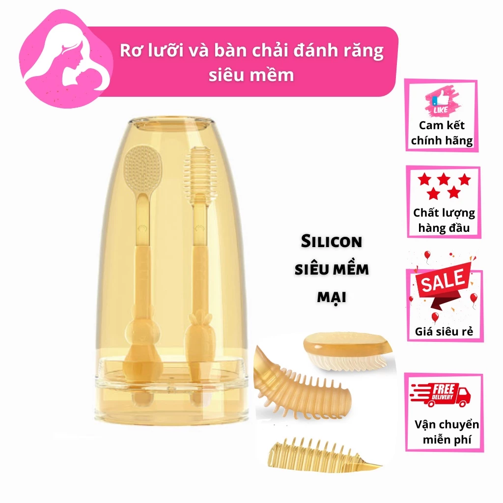 Rơ lưỡi silicon và bàn chải đánh răng silicon siêu mềm, an toàn cho bé từ 0 - 18 tháng