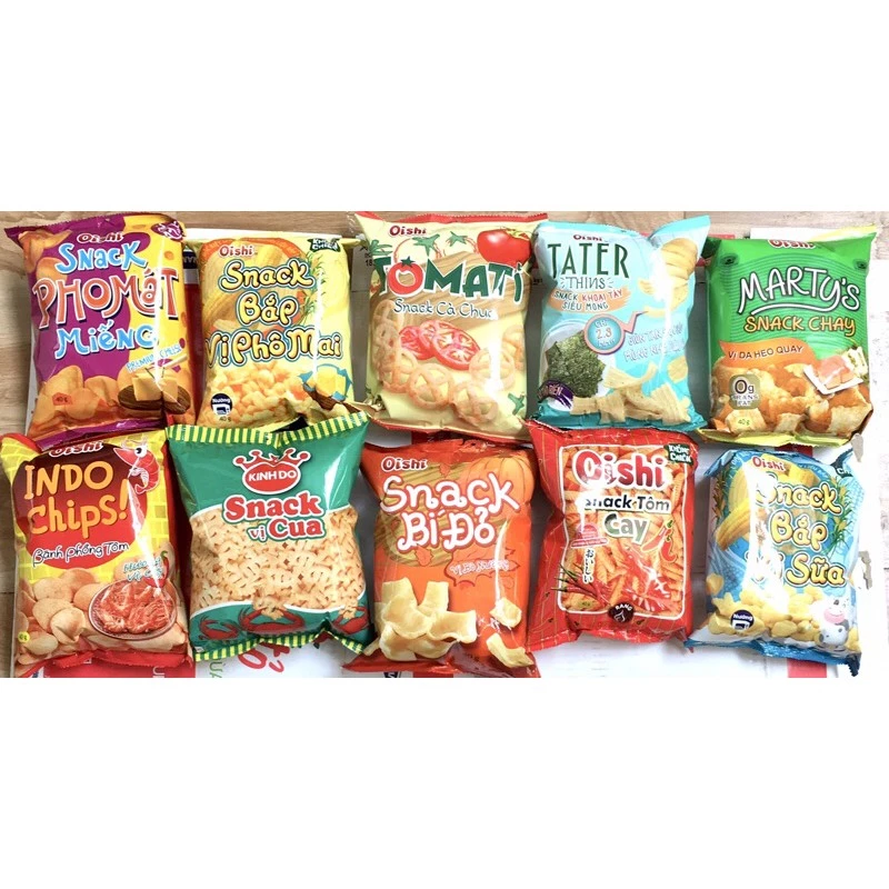 Bánh Snack Oishi® vị Phô mát/Bắp phô mai/Cà chua/Tảo biển/Heo quay chay/Phồng tôm cay/Cua/Bí đỏ/Tôm cay/Bắp sữa Gói 40g