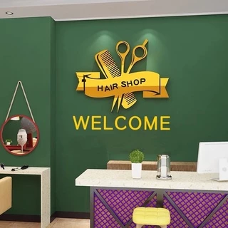 Tranh dán tường mica dán nổi cây kéo vàng trang trí salon tóc, dán tấm băng zone thủng chữ, chữ hair shop để trống