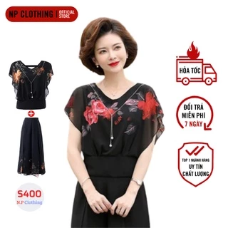 Bộ Trung Niên Nữ S400, Set Áo Quần Ống Rộng 9 Tấc Chất Voan Hoa Cánh Tiên, Thời Trang NP CLOTHING