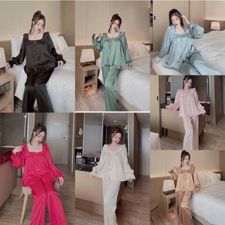 Đồ bộ đồ mặc nhà, pijama nữ đồ ngủ cổ vuông bèo tiểu thư tay phồng bochun chất liệu lụa latin cao cấp