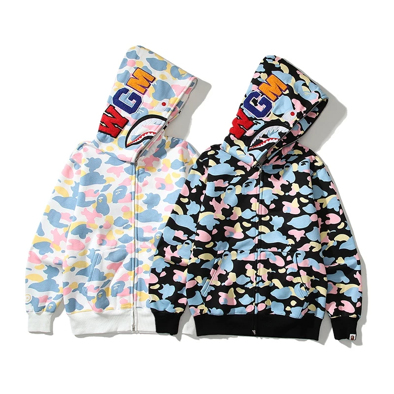 ❤❀ [Hàng Sẵn Sàng] ❤ Bape Áo Khoác Hoodie Tay Dài In Hình Đầu Cá Mập Họa Tiết Rằn Ri Cá Tính Cho Cặp Đôi