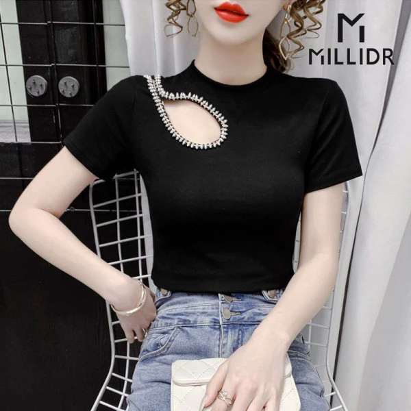 Mùa Hè Không Đều Niche Áo Thun Ngắn Tay Nữ Thiết Kế Phù Hợp Với Cảm Giác Thời Trang Cutout Top ins Hợp Thời Trang