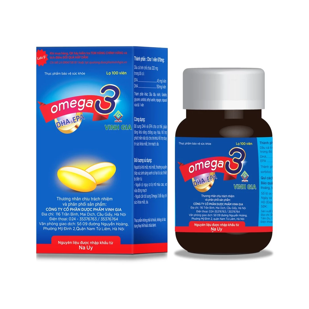 Viên uống Omega 3 Vinh Gia – Bổ sung DHA, EPA cho bà bầu và trẻ nhỏ (Lọ 100 viên)