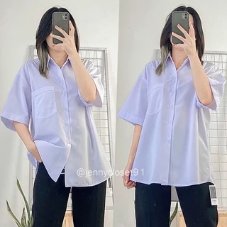 Áo sơ mi nữ form rộng tay ngắn lỡ kiểu dáng basic màu trắng xanh dáng suông style đi học sinh viên có túi ngực