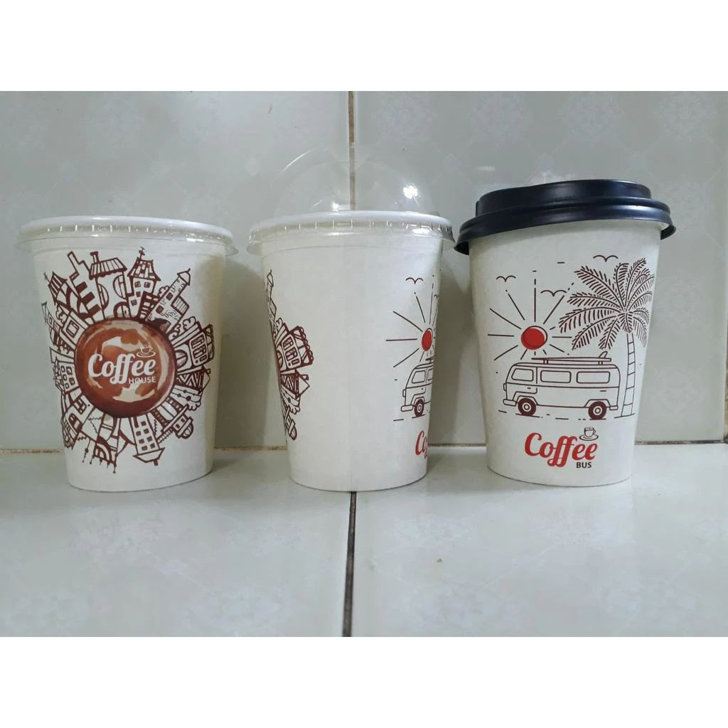 Ly giấy 360ml - 14oz mẫu COFFEE BUS, Set 100 cái kèm nắp