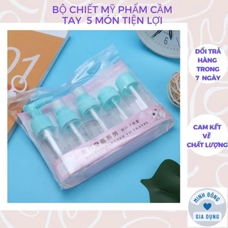 Bộ chiết mỹ phẩm du lịch 7 món nhỏ gọn tiện lợi túi dây rút gồm bình xịt phun sương, lọ nhỏ, túi đựng nhỏ