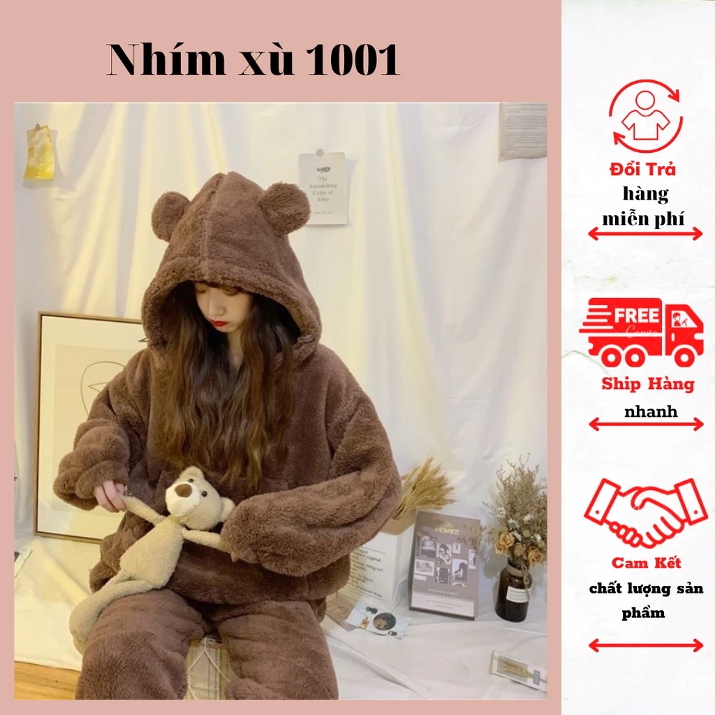 Bộ Đồ Ngủ Nữ Lông 2 Mặt Mũ Tai Gấu, Đồ Bộ Lông Hoodies 2 Túi Trước Siêu Ấm Áp Bất Chấp Rét Đại Hàn