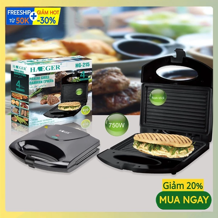Náy nướng sandwich HAEGER RAF 750W gia nhiệt kép, chống dính telfon siêu bền