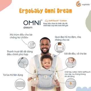 💦Địu cho bé Ergobaby Omni Dream,địu trợ lực 4 tư thế với vải cotton 100% SoftTouch cao cấp siêu mềm,cho bé từ 3,2-20kg