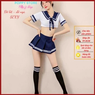 Đồ cosplay sexy gợi cảm nữ sinh nhật bản ,set đồ ngủ cosplay gồm áo croptop và váy kèm quần lọt khe với màu trắng - xanh